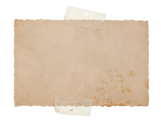 old grungy paper sheet with tape isolated on white