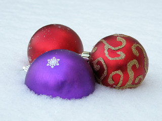 Christmas decorative balls in snow