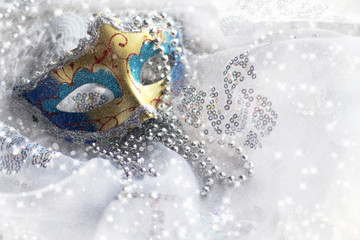 Christmas background with mask and candle - obrazy, fototapety, plakaty
