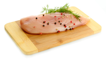 raw chicken meat on cutting board, isolated on white