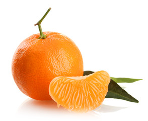 Ripe sweet tangerine with leaf, isolated on white
