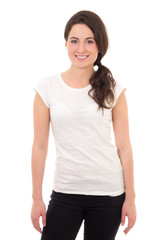 Fototapeta premium attractive woman in white t-shirt smiling isolated on white