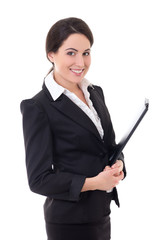 Fototapeta na wymiar businesswoman in black suit with folder isolated on white