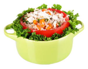 Stuffed tomato in pan isolated on white