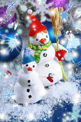 Beautiful snowmen and Christmas decor, on bright background