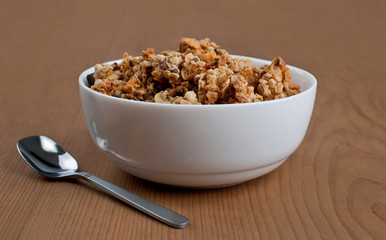 Oatmeal on wooden board. breakfast