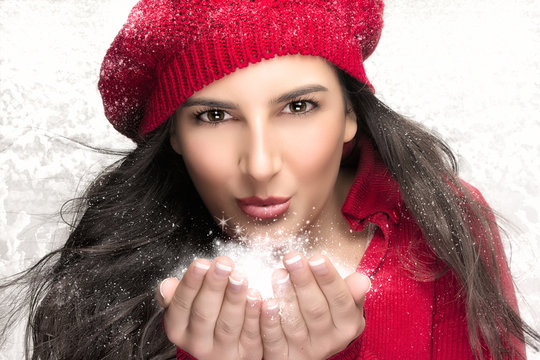 Beauty Christmas Girl Blowing Snow