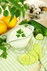 Cucumber yogurt in glass bowl,