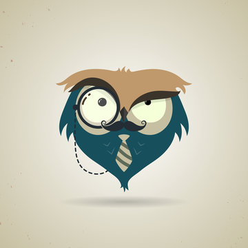 Cute little blue and grey cartoon hipster owl