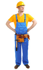 Portrait of young builder isolated on white