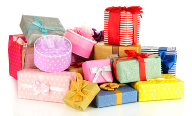 Pile of colorful gifts boxes isolated on white