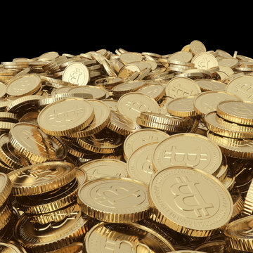Golden bitcoin coins isolated with clipping path