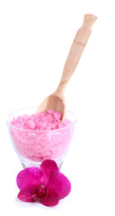 Color sea salt in glass bowl and  orchid flower, isolated