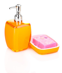 Liquid and hand-made soaps isolated on white