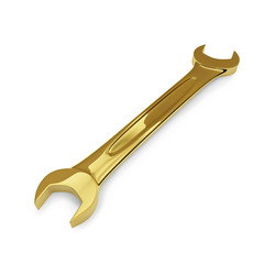 Golden glossy wrench isolated on white background.