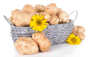 Topinambur roots in wicker basket isolated on white
