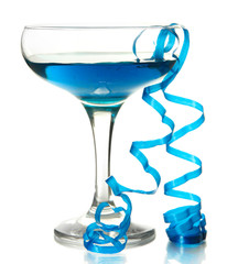 Glass of cocktail and streamer after party isolated on white