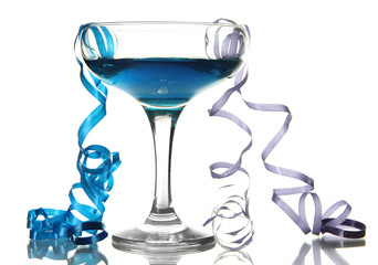 Glass of cocktail and streamer after party isolated on white