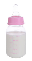 Baby bottle with milk and towel isolated on white