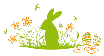 Ostern, Fr&uuml;hling. Wiese mit Osterhase, Ostereier und Schwalben.