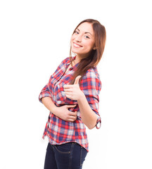 Lovely woman showing ok sign against white background