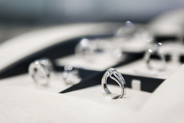 Close up of collection of rings in the jeweler's shop