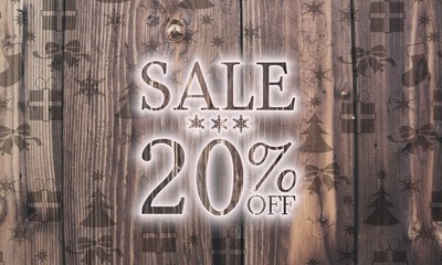 wooden Christmas sale 20 percent off label with presents