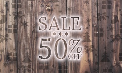 wooden Christmas sale 50 percent off symbol with presents