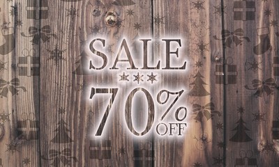 wooden Christmas sale 70 percent off label with presents