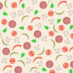 Abstract background with sausage, tomato, mushrooms and peppers