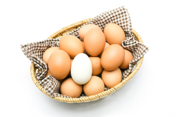 Egg in a basket with brown cloth.