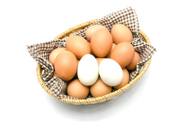 Egg in a basket with brown cloth.