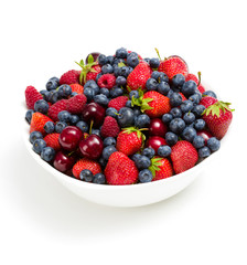 Close up of plate full of berries, isolated on white