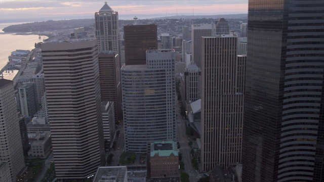 Aerial dusk view Business Center Skyscrapers, Seattle, USA 