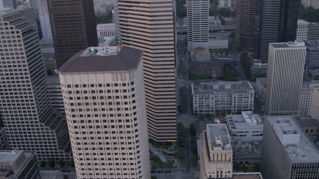Aerial dusk view of downtown city office blocks Seattle, USA 