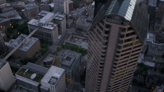 Aerial dusk skyscraper view Metropolitan city Seattle, USA 