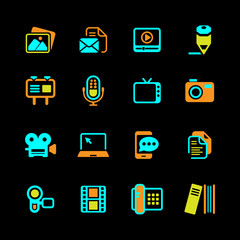 Multimedia and business Icons basic colored on black series