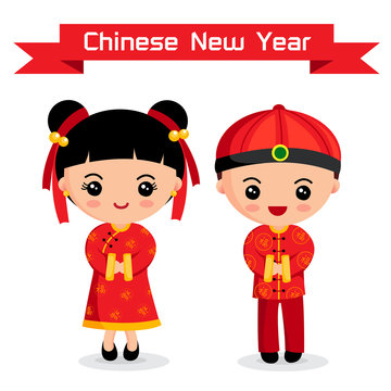 Cartoon of Chinese Boy & Girl, chinese New Year