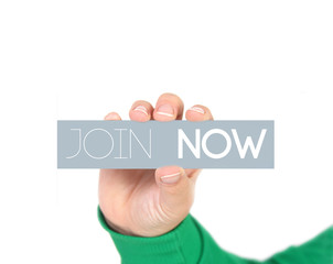 woman holding a label with  Join now