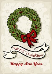 zielony wieniec z kokardą świąteczna ilustracja z życzeniami © demonique