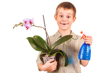 kid is watering the flowers