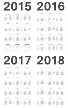 European 2015, 2016, 2017, 2018 year vector calendars
