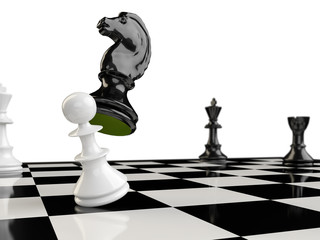 A chessboard with a horse, a pawn, a rook and two kings