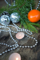 Christmas Mirror balls on wooden background