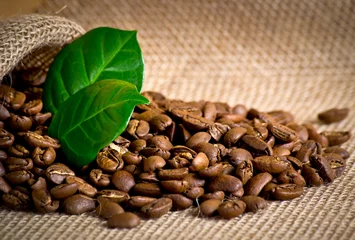 Selbstklebende Fototapeten Coffee grains with bag and leaves on sackcloth © julia_arda