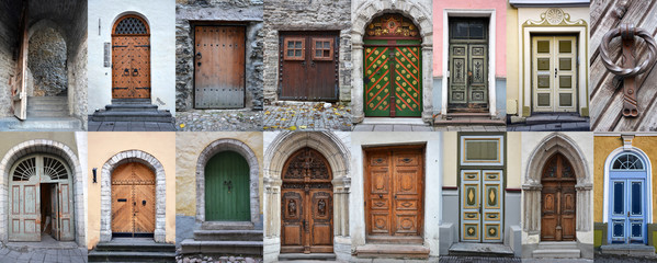 Set of colorful wooden doors and gates from old town of Tallinn