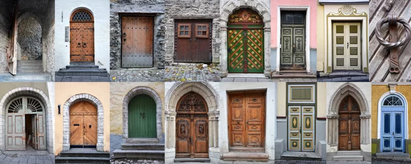 No drill light filtering roller blinds Old door Set of colorful wooden doors and gates from old town of Tallinn