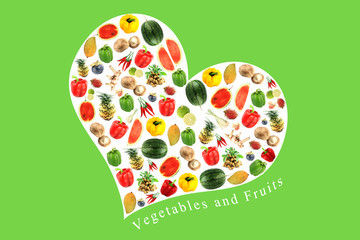 Vegetables and fruits on a white heart.