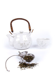 Pot of tea with fresh tea over a white background