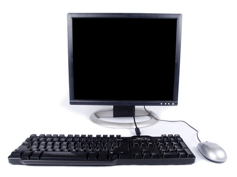 Personal computer monitor with keyboard and mouse over white